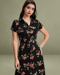 Black Floral Button A-Line Midi Dress