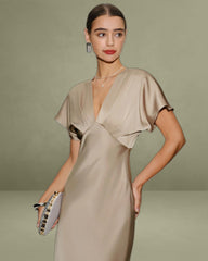 Apricot V Neck A-Line Satin Midi Dress