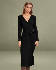 Black V Neck Wrap Knit Midi Dress