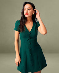 The Dark Green V Neck Button-up Shirt Mini Dress