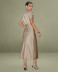 Apricot Satin V-Neck A-Line Midi Dress