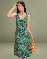 The Green V Neck Floral Button Midi Dress