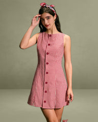 Red Boat Neck Plaid Mini Dress