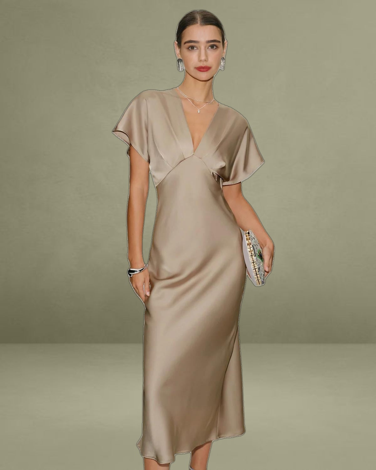 Apricot V Neck A-Line Satin Midi Dress