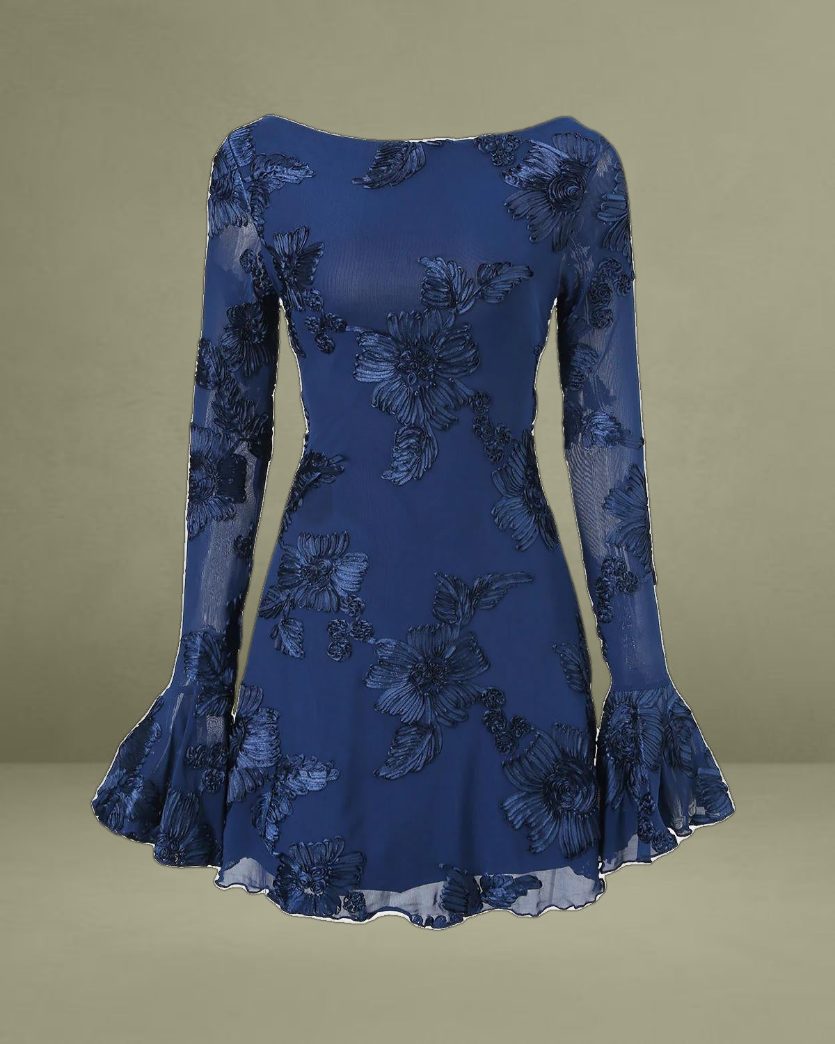Blue Jacquard Bell Sleeve Backless Mini Dress