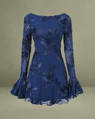 Blue Jacquard Bell Sleeve Backless Mini Dress