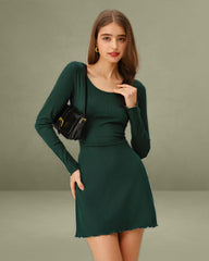 Green A-Line Long Sleeve Mini Dress