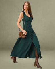 Green Ruched A-Line Sleeveless Maxi Dress
