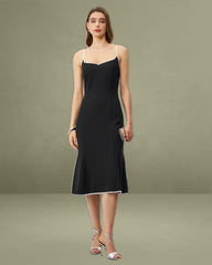 Black Contrast Sweetheart Neck Slip Midi Dress