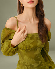 Green Floral Square Neck A-Line Maxi Dress