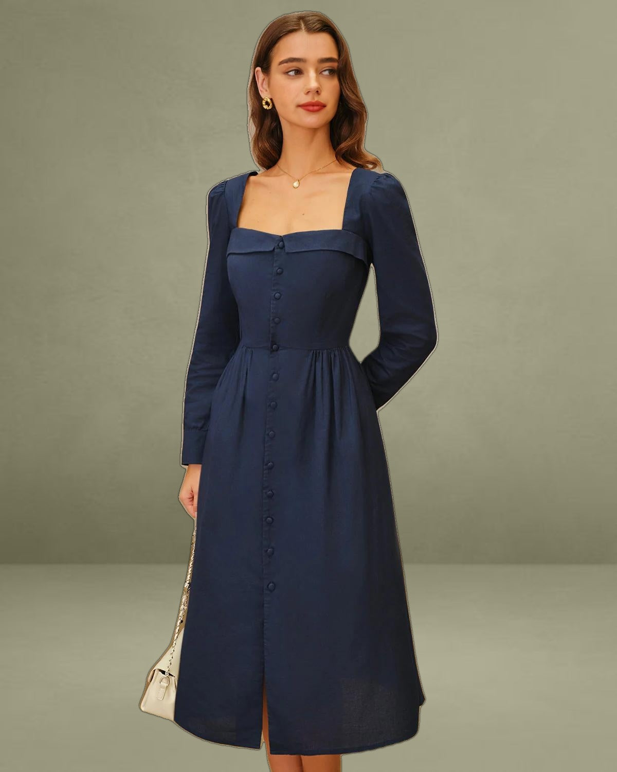 Navy Square Neck A-Line Midi Dress