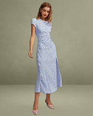 The Blue Round Neck Floral Slit Midi Dress