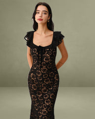 Black Textured Ruffled Mermaid Mid-length Dress