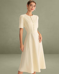 Beige Puffed Sleeve Button Midi Dress