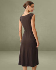 Brown Boat Neck Cap Sleeve Midi Dress