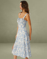 Blue Floral Ruched Slip Midi Dress