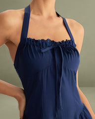 Navy Ruched Halter Midi Dress