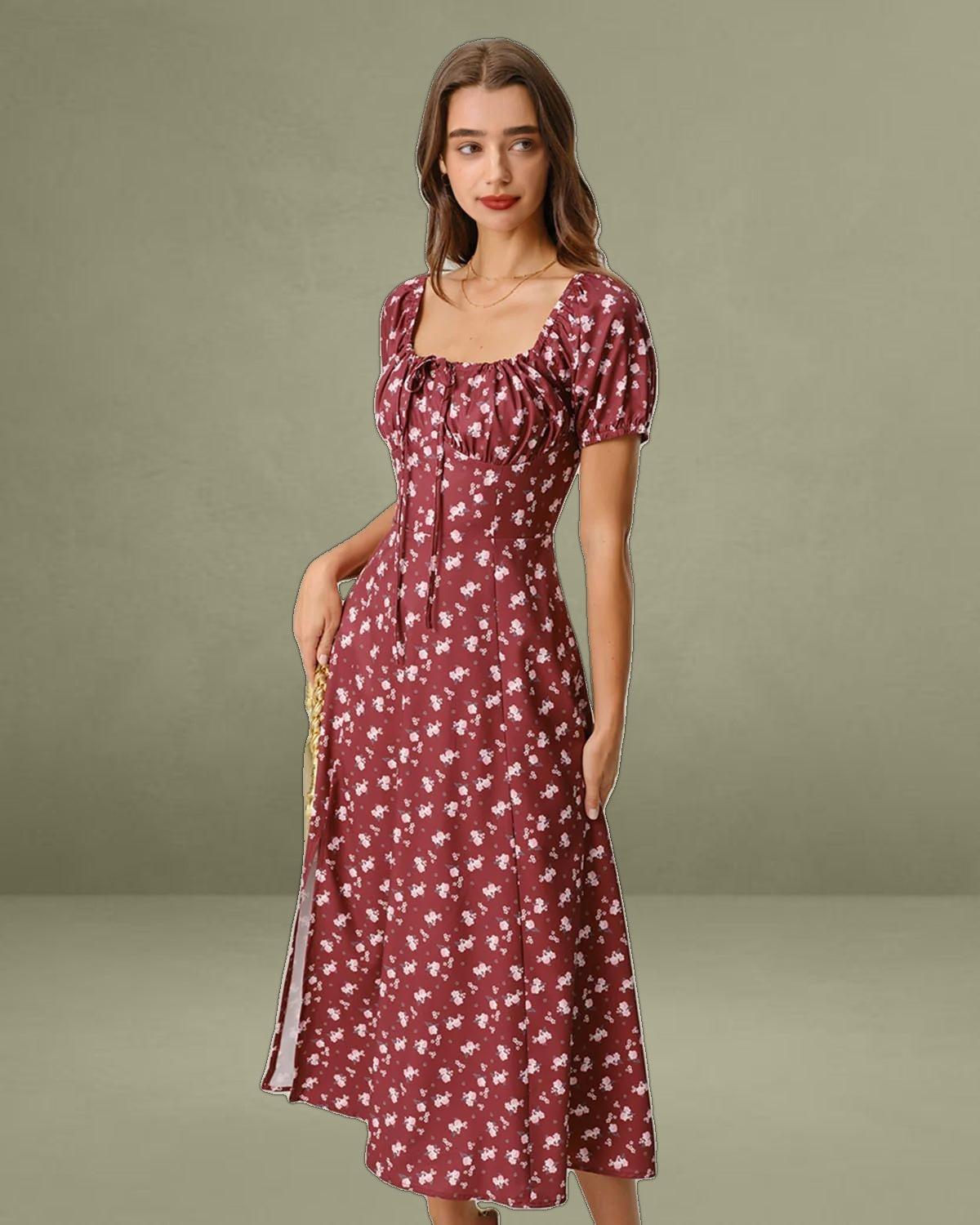 Wine Red Floral Square Neck Puffed Sleeve Midi Dress