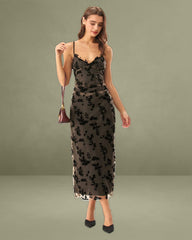 Coffee Floral A-Line Slip Midi Dress