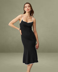 Black Contrast Sweetheart Neck Slip Midi Dress