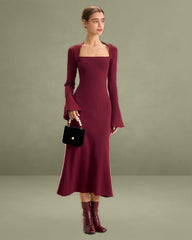 The Red Square Neck Flare Sleeve Midi Dress