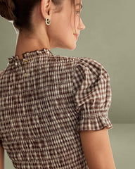 Coffee Plaid Puffed Sleeve Mini Dress