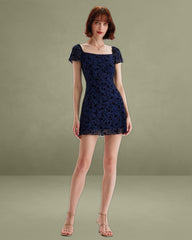 Blue Floral Square Neck Mesh Mini Dress