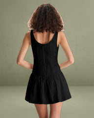 Women's Black Boat Neck Jacquard Cotton Mini Dress