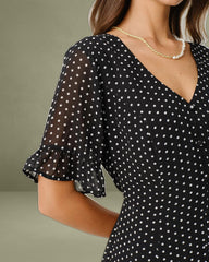 Black Polka Dot V Neck Ruffle Mini Dress