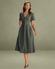 Green V Neck Pleated Button Midi Dress