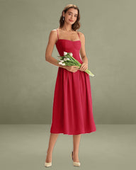 Red Square Neck Pocket Slip Midi Dress