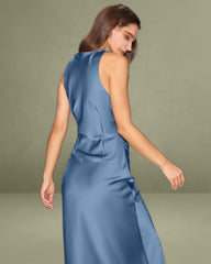 Blue Satin Boat Neck Slip Midi Dress