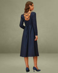 Navy Square Neck A-Line Midi Dress