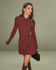 Coffee A-Line Pleated Sweater Dress