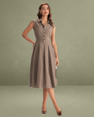 Brown Plaid Button Pleated Midi Dress