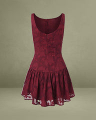 Red Jacquard Boat Neck A-line Mini Dress