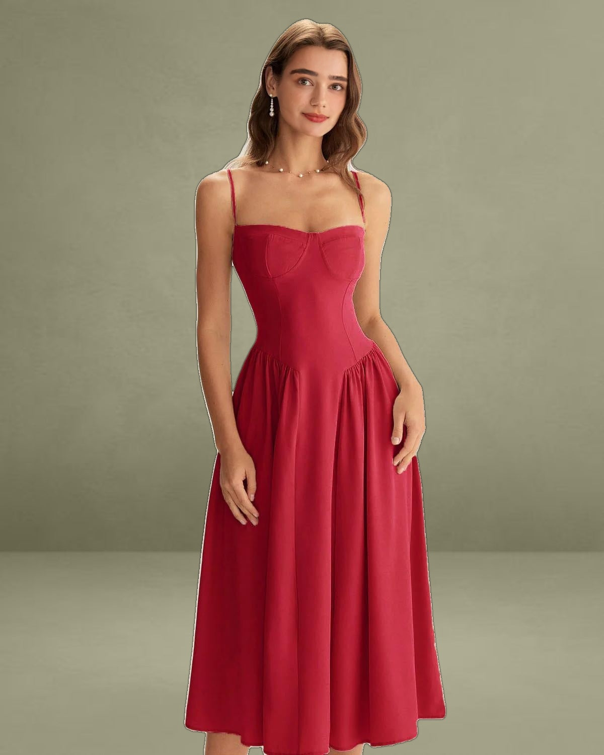 Red Square Neck Pocket Slip Midi Dress