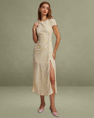 The Yellow Round Neck Floral Midi Dress