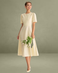 Beige Puffed Sleeve Button Midi Dress