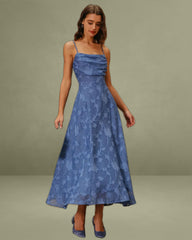 Blue Jacquard Ruched Maxi Slip Dress