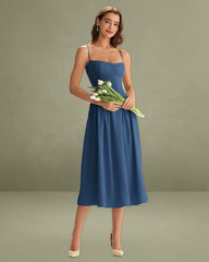 Navy Square Neck Pocket Slip Midi Dress