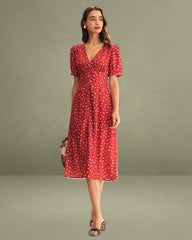 Red Polka Dot Ruched Midi Dress