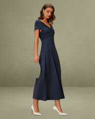 Navy V Neck Drop Shoulder A-Line Maxi Dress