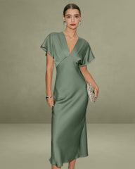 Green Satin V-Neck A-Line Mid-Length Dress