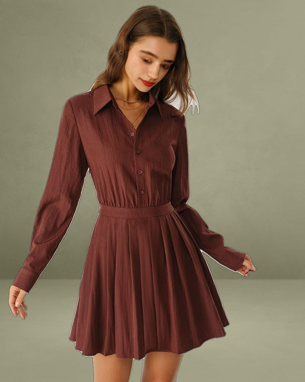 Brick Red A-Line Pleated Mini Dress