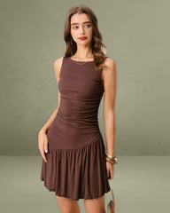 Brown Boat Neck Ruched Sleeveless Mini Dress