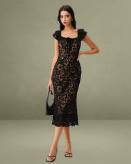 Black Textured Ruffled Mermaid Mid-length Dress