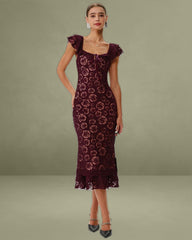 Wine Red Floral Mermaid Midi Dress