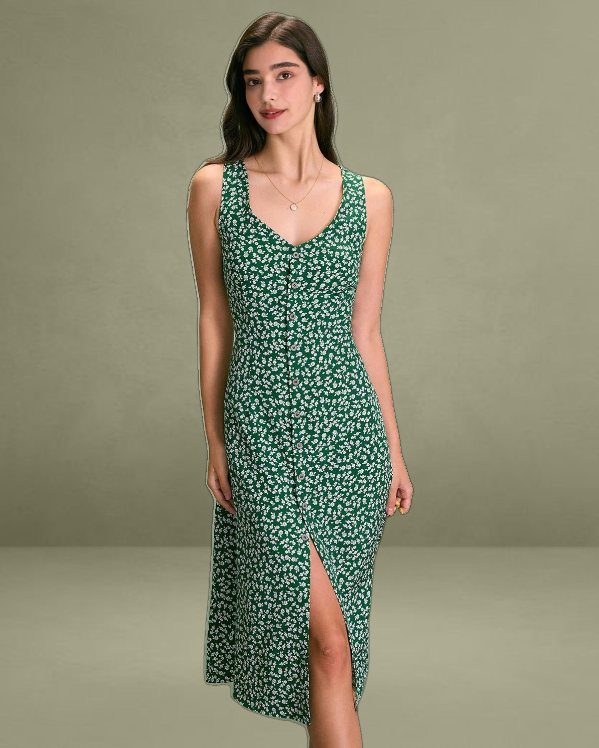 The Green V Neck Floral Button Midi Dress