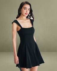 Black Square Neck Pleated Mini Dress
